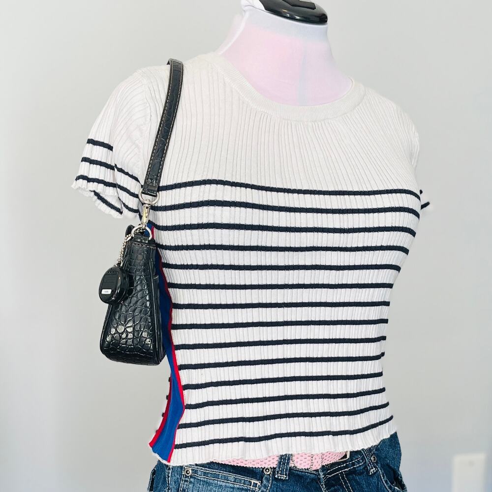 VTG Y2K United Colors Of Benetton | White Blue + Black Breton Stripe Tee Shirt